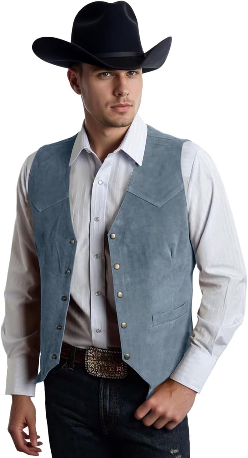 Mens Vests Western Cowboy Suede Leather Vest Casual Waistcoat Slim Fit