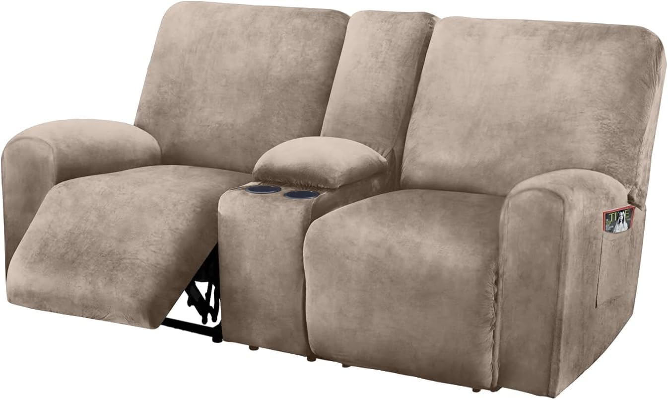 ULTICOR Reclining Love Seat with Middle Console Slipcover, 8-Piece Velvet Stretch Loveseat Reclining Sofa Covers, 2 seat Love seat Recliner Cover, Thick, Soft, Washable, Love seat Slipcovers (Taupe)