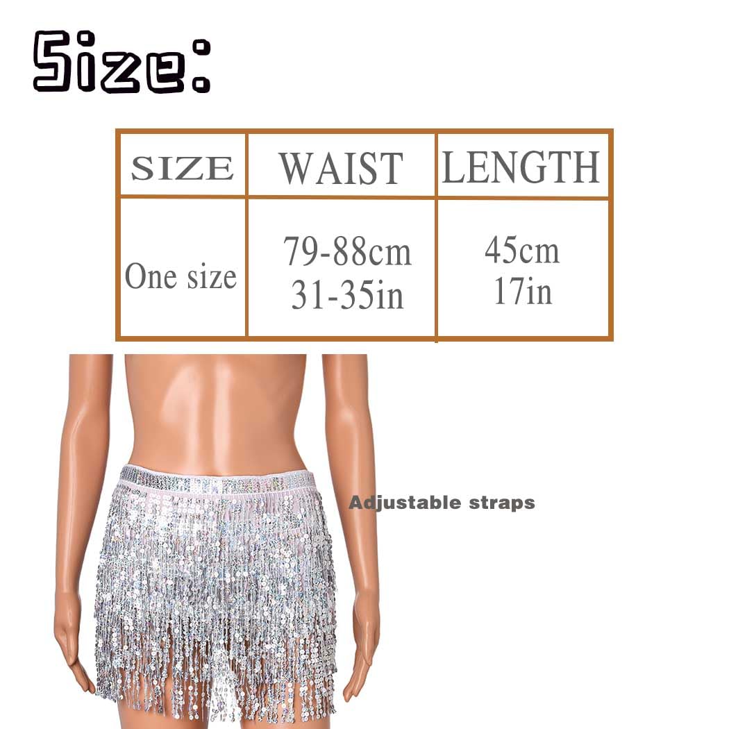 IYOU Jupe à Paillettes et à Glands Foulard de Danse Orientale Baladi Argent Mini Jupe Enveloppante à Franges Tenue de Festival et de Rave pour Femmes et Filles