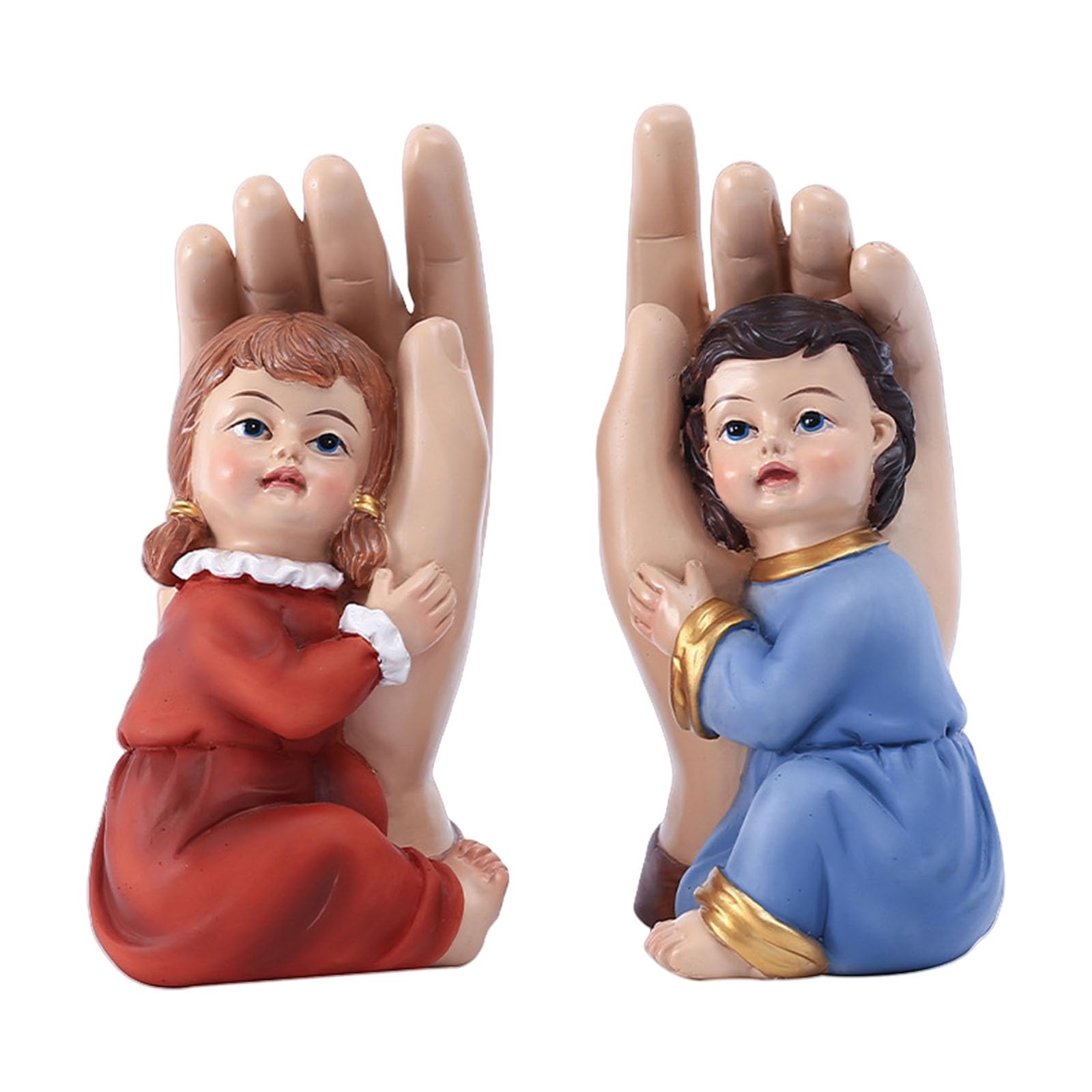 Jazuaiao Classical Boy and Girl in Hand Figurine Set Collectible Ornaments Resins Children Minaiture Sculptures Religious Decors Boy and Girl Figurines