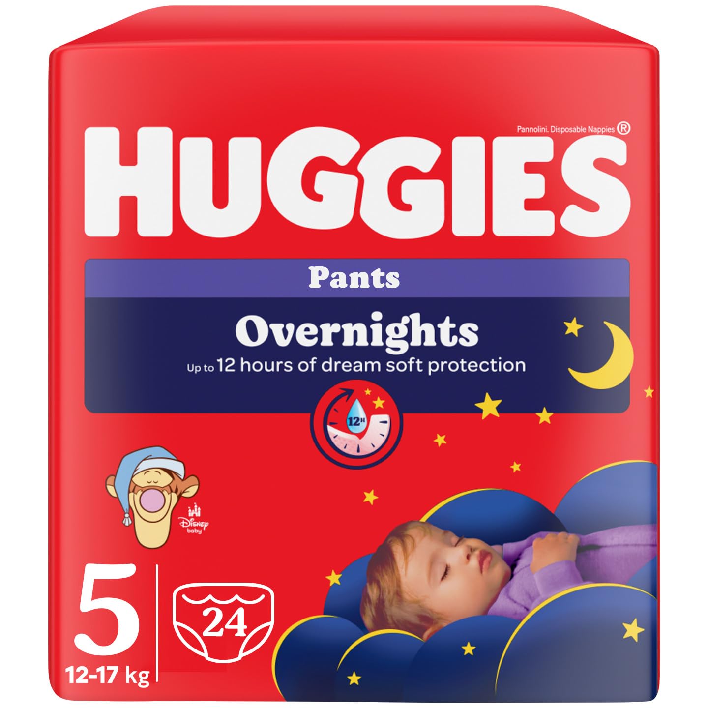 Huggies Overnight Couches Nuit Bébé Taille 5 (12-17 Kg) Couches Absorbantes pour la Nuit, Design Disney, Lot de 24 culottes