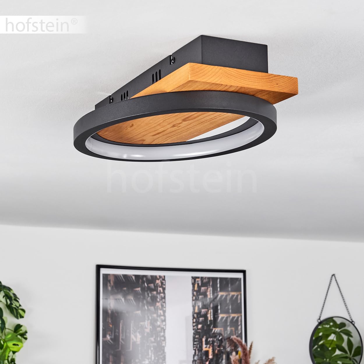 Lampa sufitowa LED Pompu, ściemnialna lampa sufitowa wykonana z metalu/drewna/plastiku w kolorze naturalnym/czarnym, ściemnialna, 1800 lumenów, 3000 K, 1 x LED 16 W