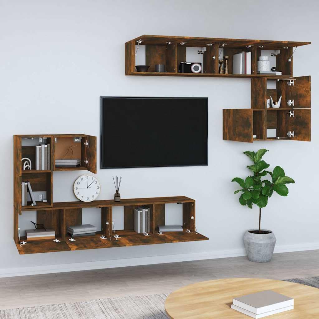 8er Set TV Wandboard Räuchereiche Holzwerkstoff Hängeschrank