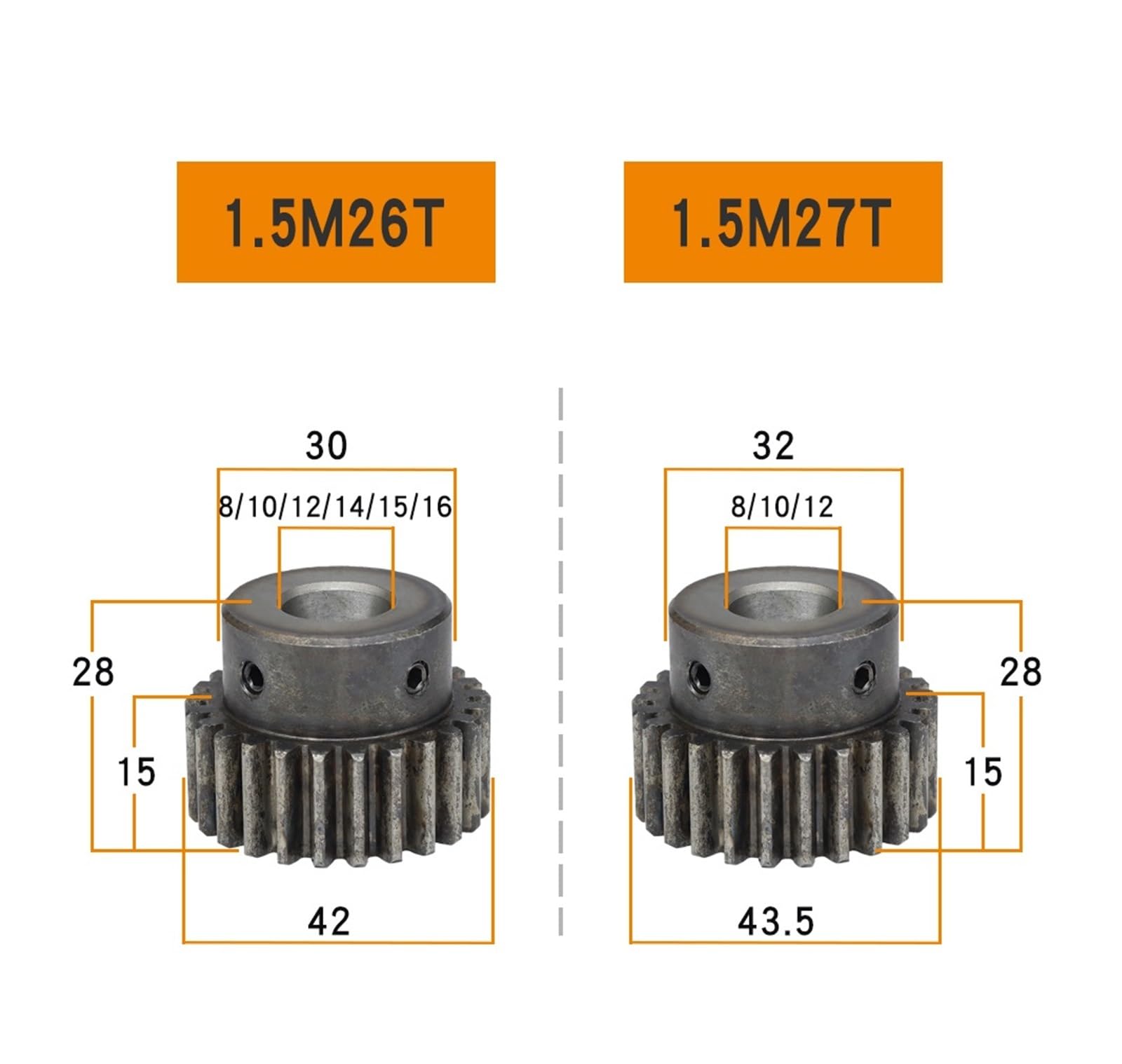 Bevel Gear Pinion Hardware Mechanical 1pcs Spur Gear 1.5 Module-26T/27T Bore Size 8/10/12/14/15/16mm Motor Gear Carbon Steel High Frequency(1.5M27T-Bore 8 mm)