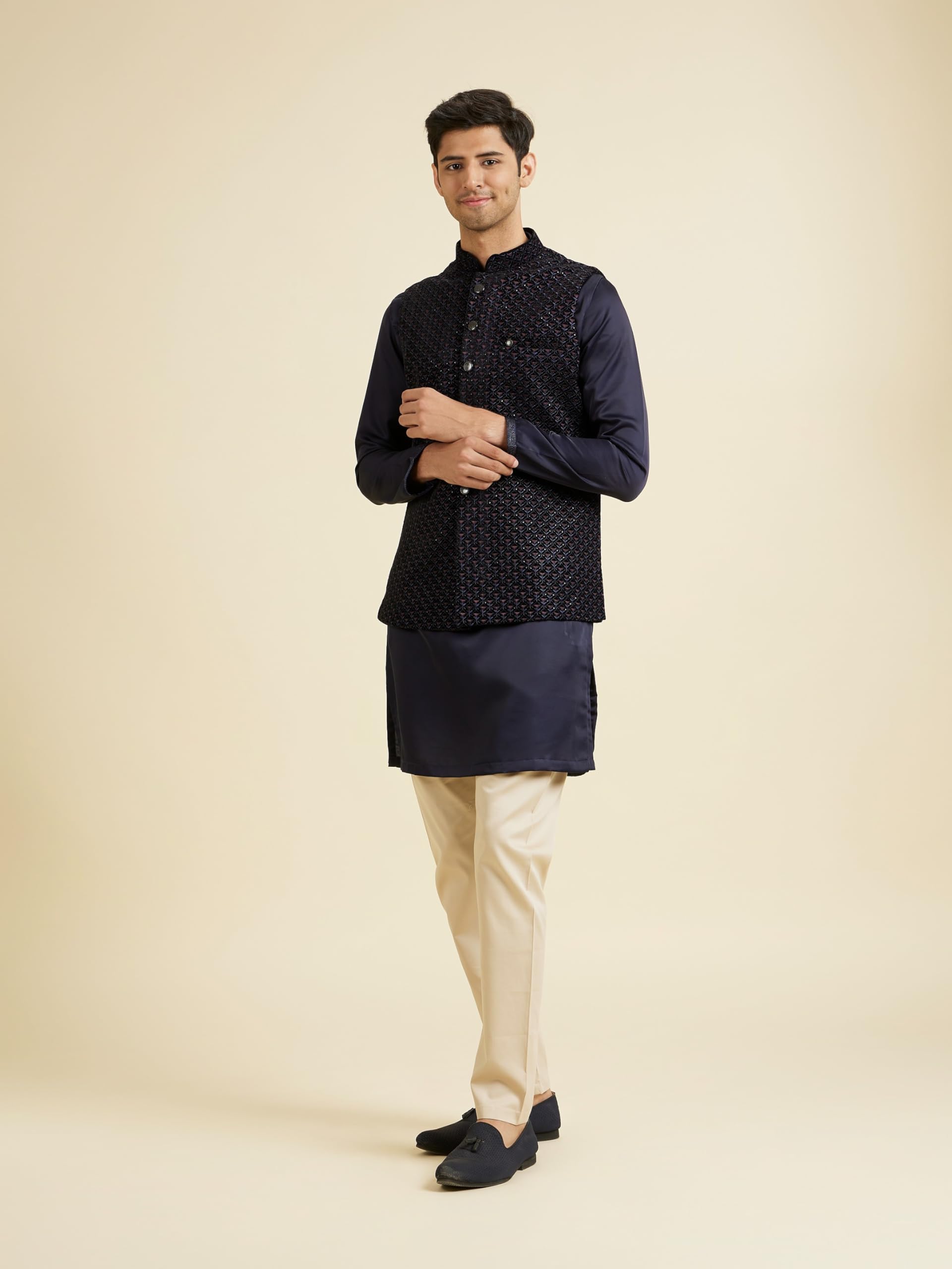 Manyavar Men's Velvet Embroidered Traditional Nehru Jacket(Dark Blue,M) 2