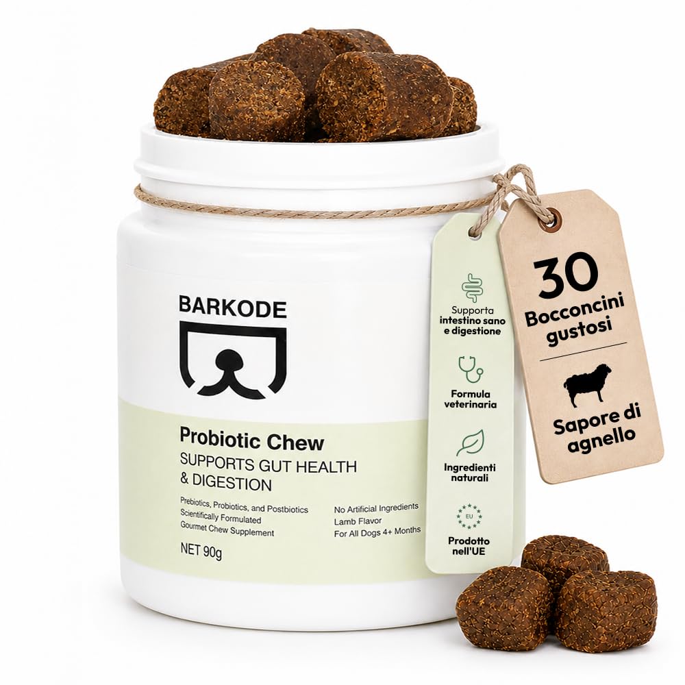 BARKODE Probiotico per Cani – Integratore Digestivo con Probiotici, Prebiotici e Postbiotici, Supporta Microbioma Intestinale e Digestione, Gusto, Senza Coloranti Artificiali, Prodotto in UE