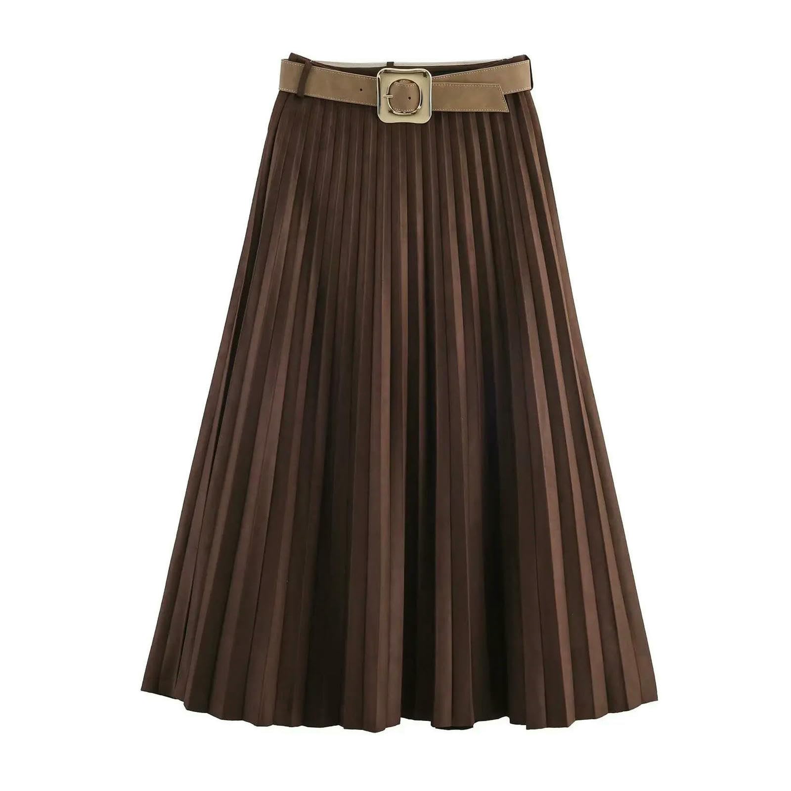 Gonna Lunga Temperamento Autunnale da Donna Elegante con Cintura Gonne Lunghe Midi A Pieghe Femminile Senso Cadente Streetwear-Marrone-s