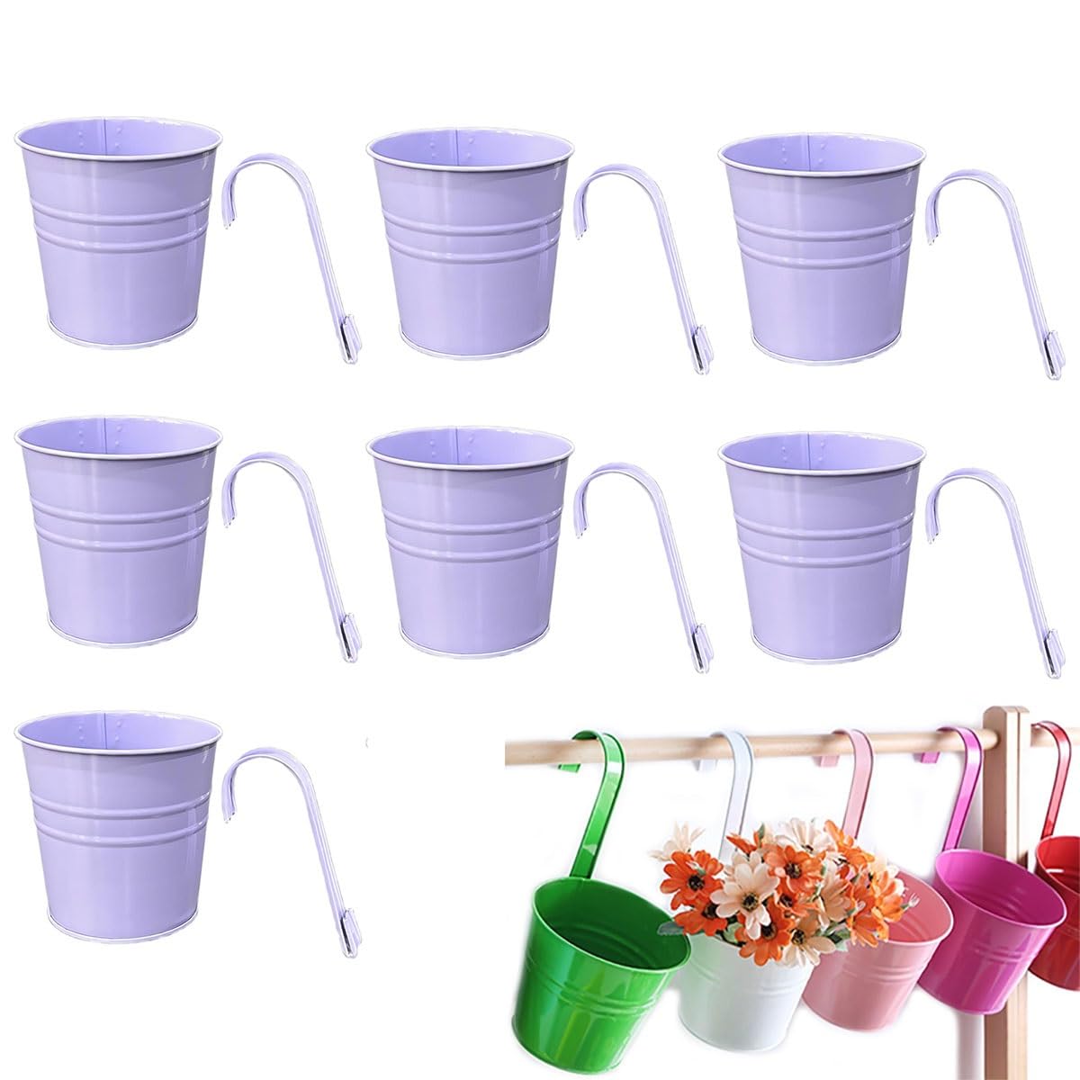 IRCKONCI 7 PCS Vintage Hanging Flower Pots Metal Iron Bucket Planter Plant Pots With Detachable Hook And Drainage Hole, for Fence Balcony Garden Wall Home Decor Outdoor Patio(Purple)