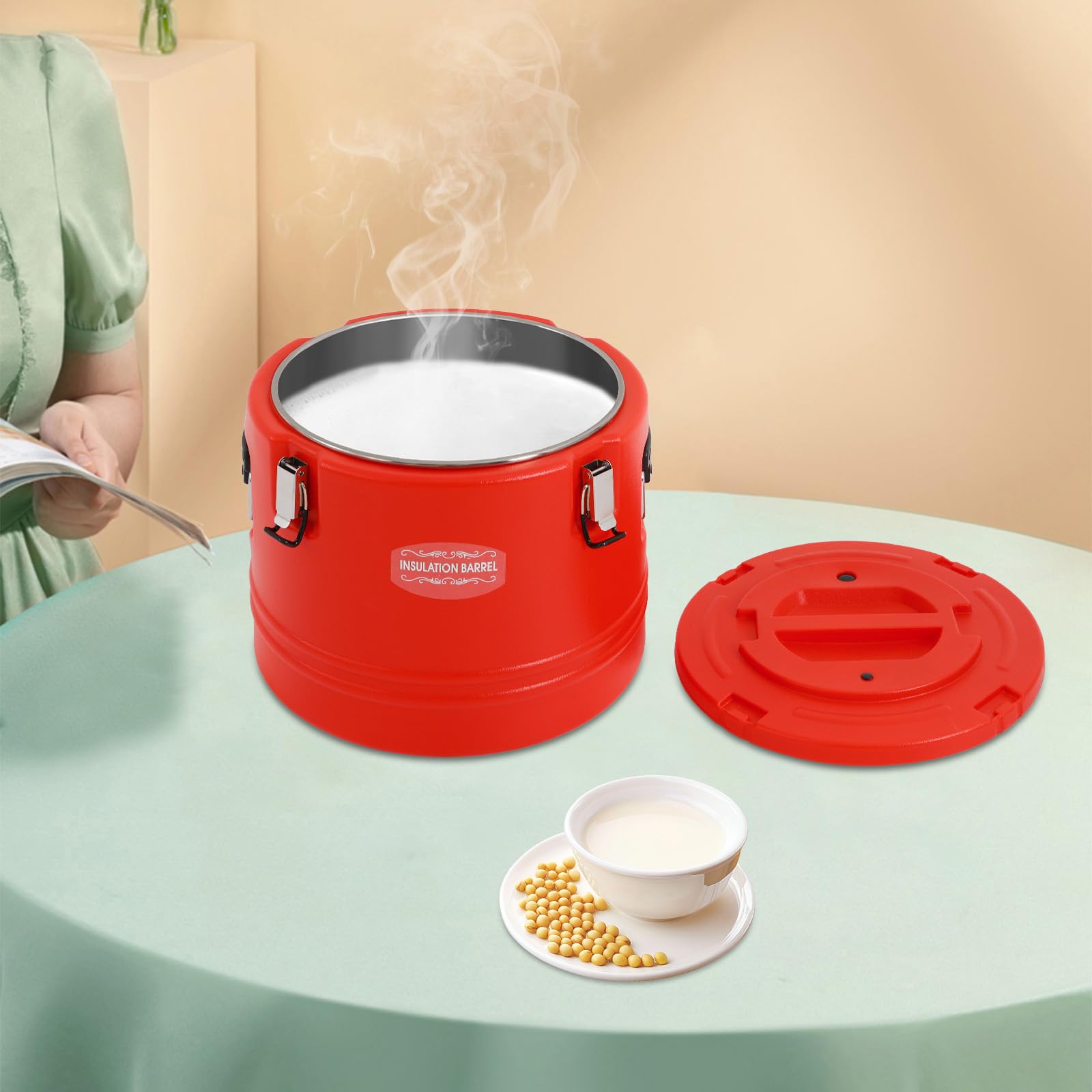 PROYONGOO 30 L Insulated Bucket Beverage Tub, Soup Warmer Portable 6-8H Temperature Preservation Time, Ice Buckets for Parties with Lid for Outdoor Banquets Stalls Homes Schools Events (Red)