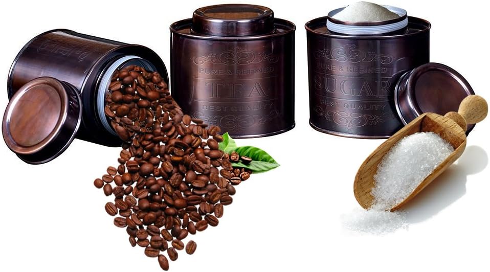 Kosma Set of 3Pc Stainless Steel Oval Shaped Tea Sugar Coffee Canister | Storage Jar Container- Copper Antique Finish - Size: 12cm x 12.5 cm