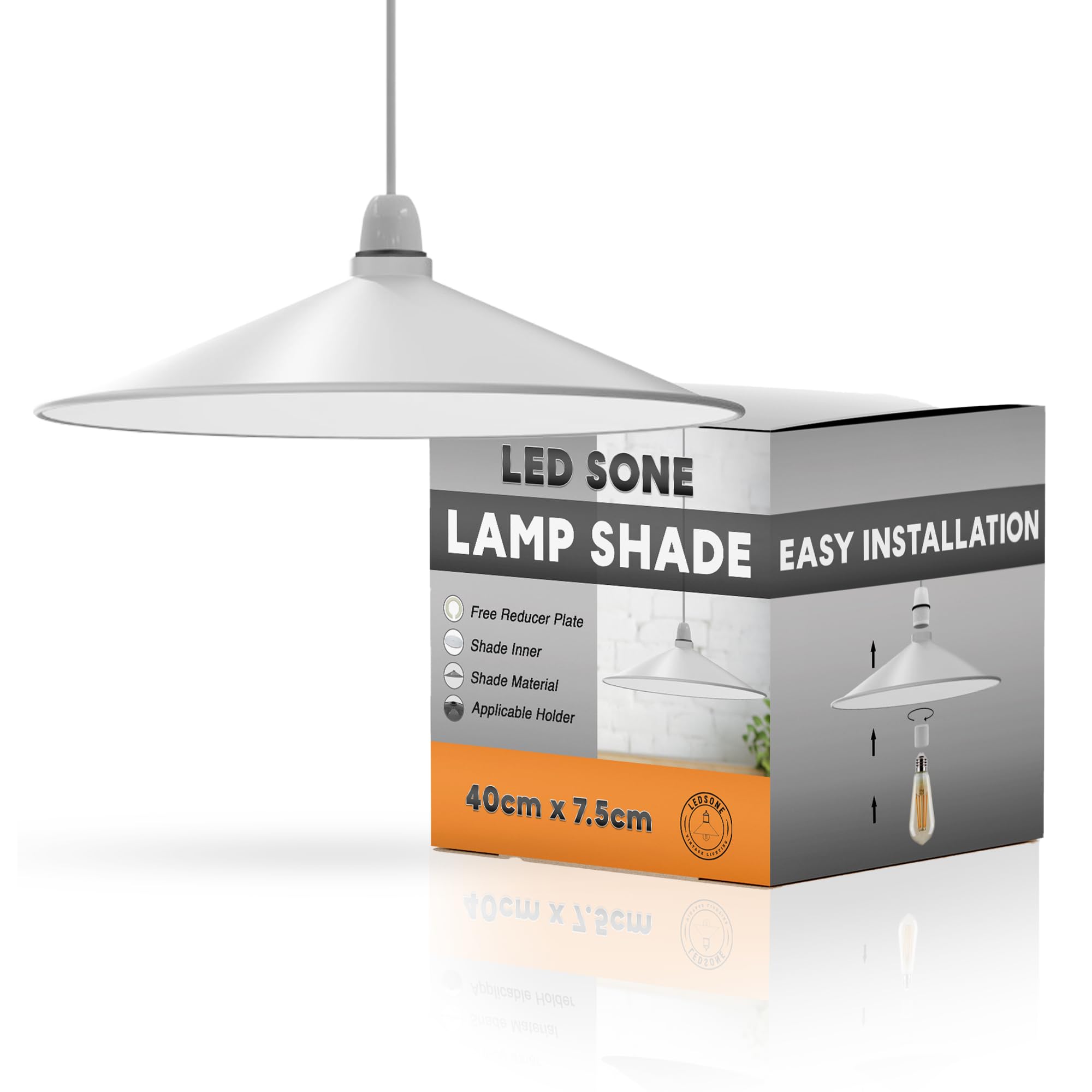 Ledsone White Retro Light Shade Ceiling, Cone 40Cm Metal Lampshades For Ceiling Lights, Industrial Easy Fit Pendant Lamp Shades For Table Lamps, Living Room, Bedroom, Kitchen, Hallway, Home Décor