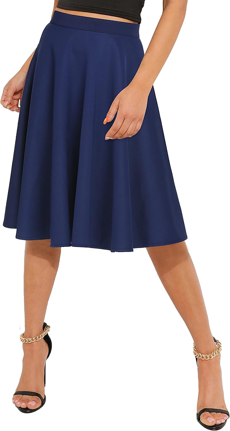 Urban CoCo Women's Basic Elastic Waist A-line Solid Flared Midi Skirt - Image 3