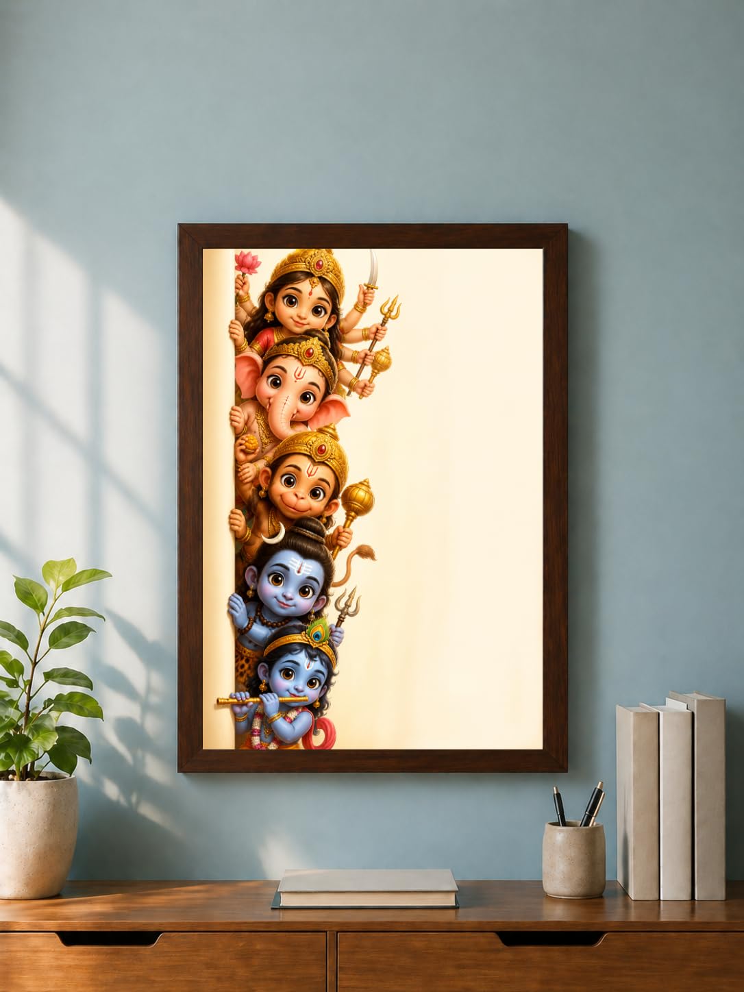 Fixandfurnish Cute Hindu Gods Kids Wall Painting | Bal Krishna Bal Hanuman Bal Ganesha HD Photo Frame | 12x18 Inch Spiritual Nursery Decor | Walnut Brown Frame, Set of 1-image-13