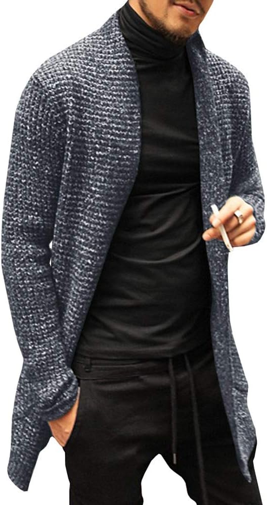Pengfei Mens Cardigan Sweaters Open Front Knitted Long Sleeve Shawl Collar Coat Cardigans Grey