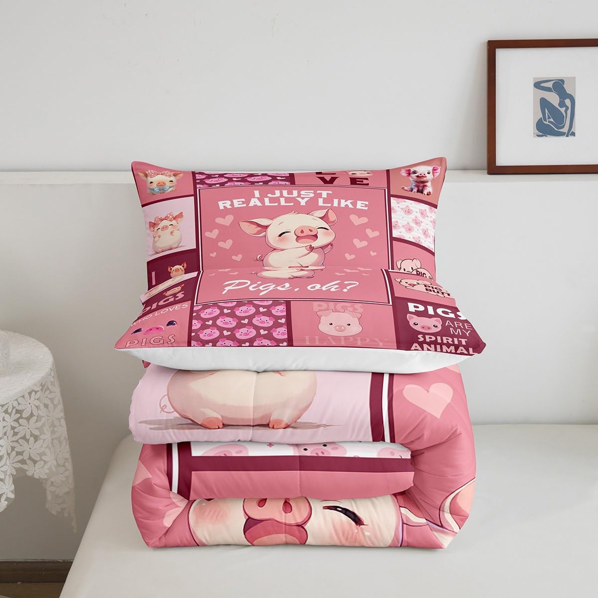 Pink Pigs King Size Comforter Set,Kids Cute Pig Pattern Decor All Season Bedding Set,Teens Animals Grid Printing Comforter,Girls Lovely Pink Decor Quilt Set Bedroom Collection 3Pcs