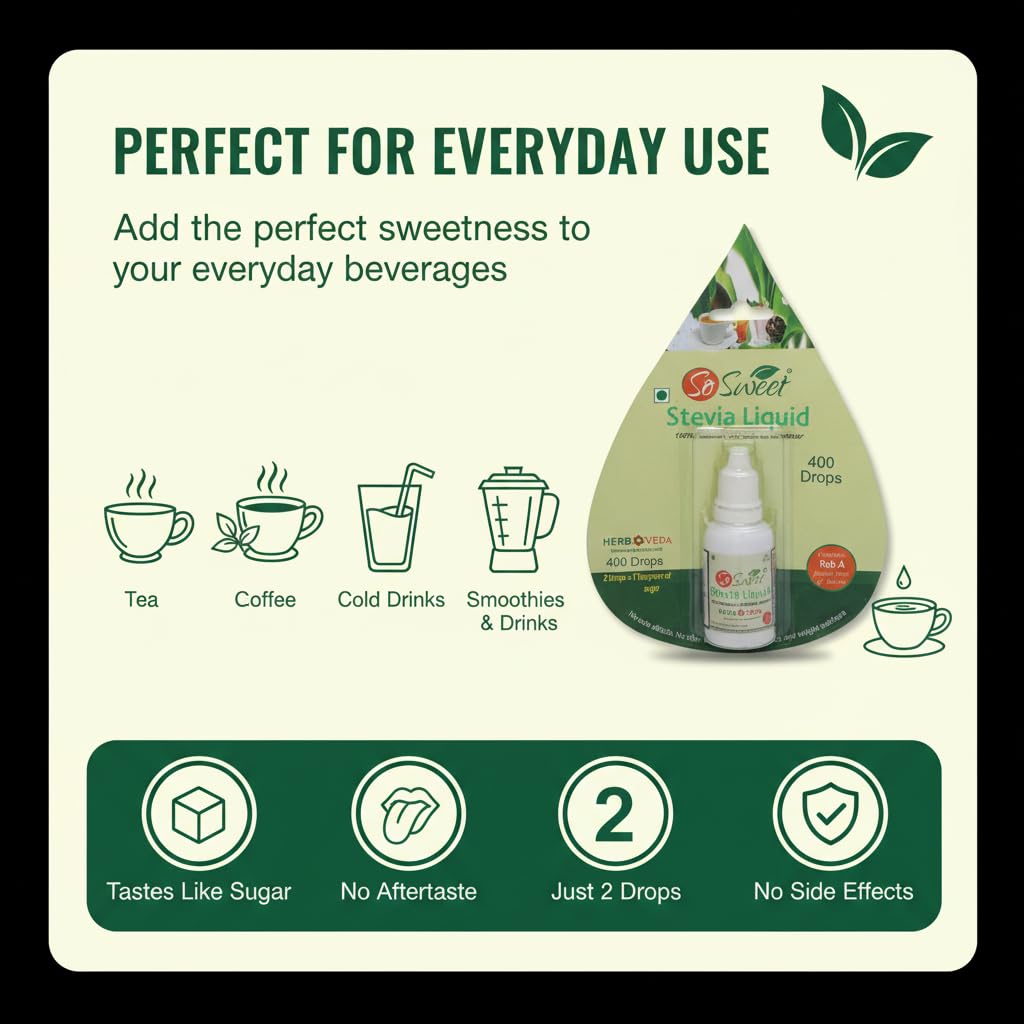 So Sweet Stevia Liquid, Sugar-Free, 400 Drops (200 Servings), 20ml, Zero-Calorie Natural Sweetener, Perfect for Coffee, Tea, and Baking, Diabetic & Keto Friendly, Easy to Use 1
