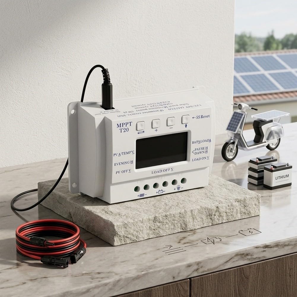 Contrôleur de charge solaire PWM 20 A 12 V/24 V LCD double minuterie Détection automatique pour la maison, camping-car, bateau, camping