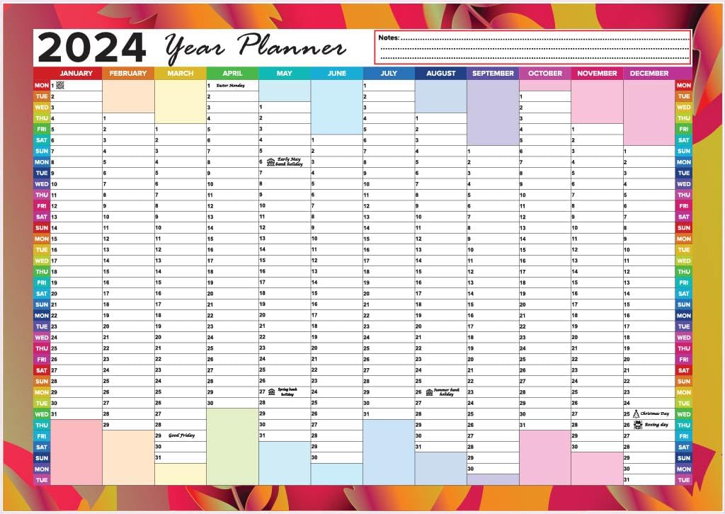 Wall Planner 2024 A3 Size (42.0 x29.7cm) 2024 Wall Calendar UK Yearly