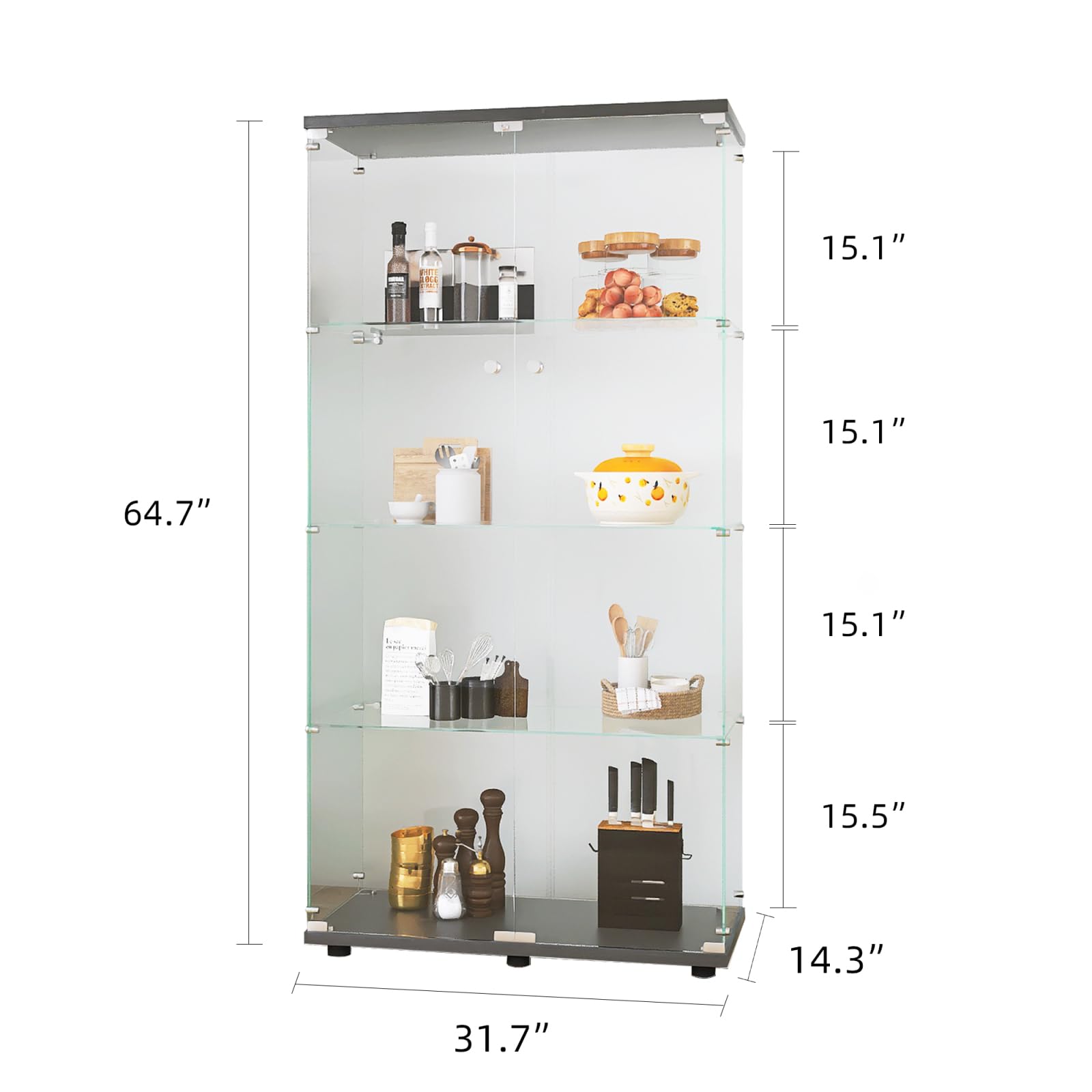 Vitrine en verre debout avec 2 portes, 4 étagères, avec éclairage LED et serrure, pour objets de collection, livres, vin, pour salon, chambre à coucher, bar, cuisine (noir + LED)