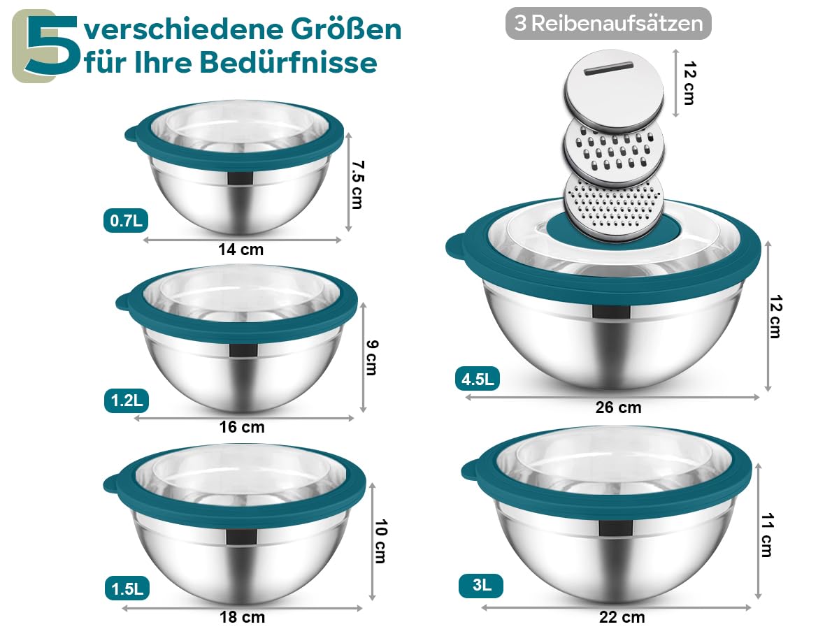 HaWare Set di 5 ciotole per insalata, in acciaio inox, con coperchio trasparente ermetico e 3 grattugie, per cucinare, 4,5 l, 2,8 l, 1,5 l, 1,2 l, 0,7 l, lavabile in lavastoviglie, blu