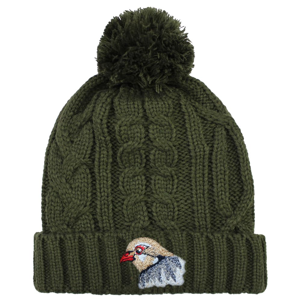 TeddyT's Men's Country Partridge Embroidered Khaki Green Bobble Hat
