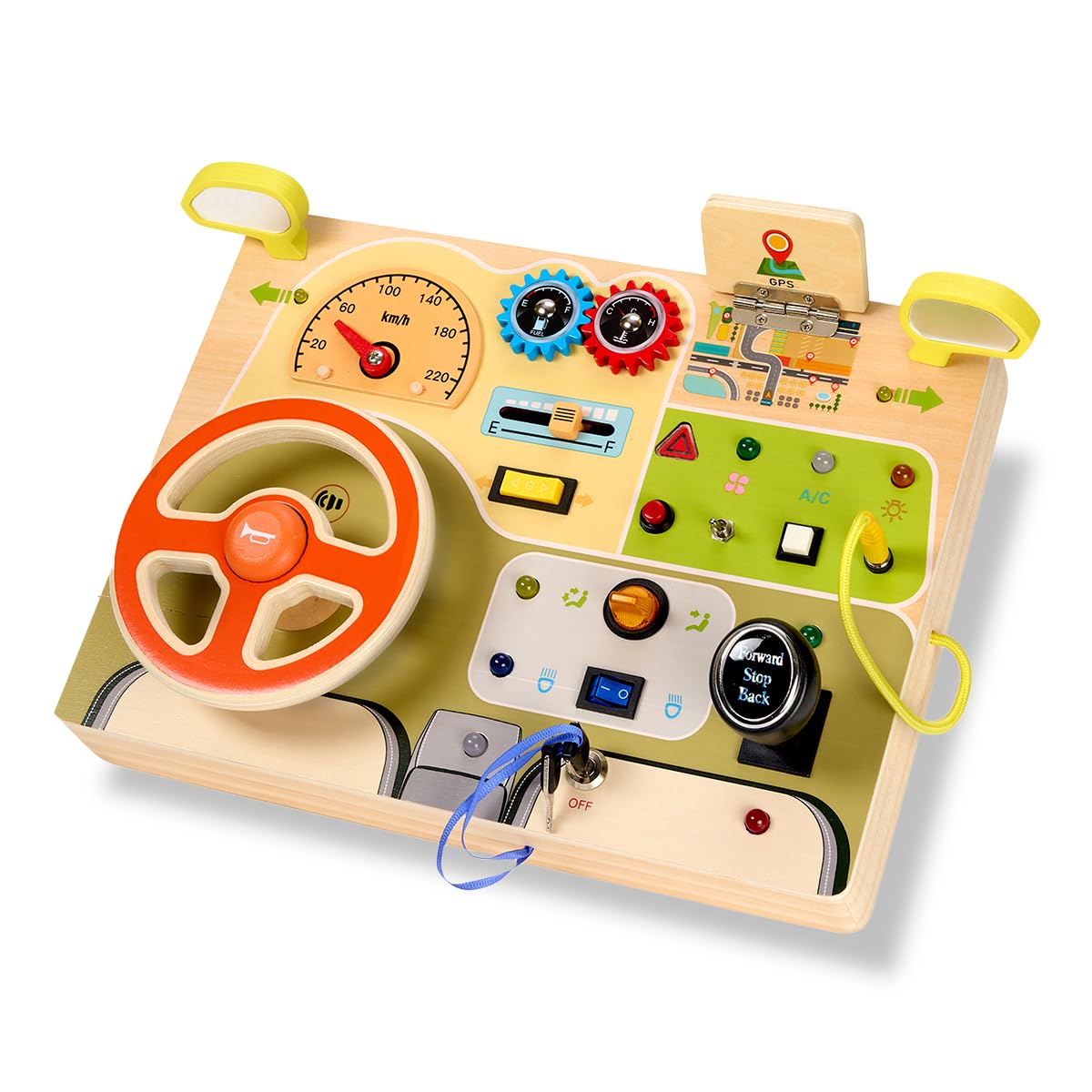 Playbees Montessori Toys for Toddlers 1-4 – Wooden Baby Busy Board Sensory Toy with Light Switch – Educational Travel Toy for Fine Motor Skills &