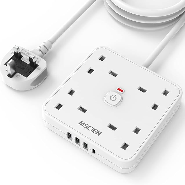 Extension Lead with USB Slots, MSCIEN, 4 Way Outlets 4 USB1 Type-C and 3 USB-Awith LED Indicator Switch , Wall Mounted Extension Lead with 3M for Home Office White
