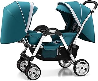 Double Infant Stroller，Baby Stroller Twins-Cozy Compact Twin Stroller，Twin Baby Pram Stroller,Oversized Canopy, Double Seat Tandem Stroller with Tandem Seating，Easy Foldable (Color : Blue)