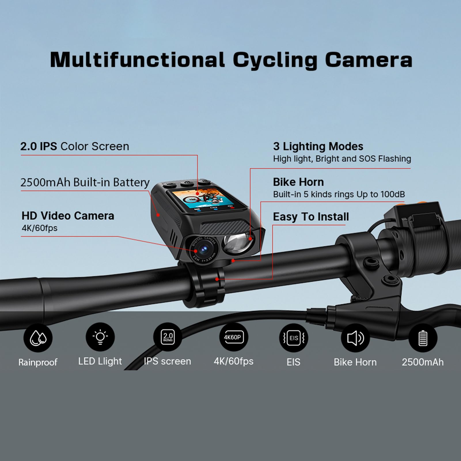 Macchina fotografica di ciclismo 4K con 60fps Video IPX5-2 IPS Schermo WiFi per il pendolarismo notturno