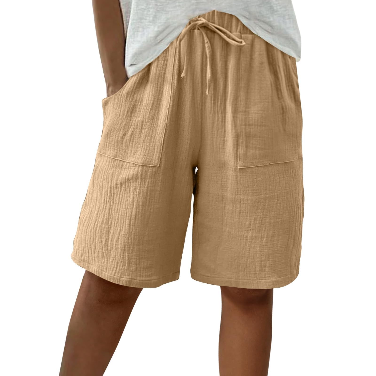 Linen Shorts Women - Stretch Cotton Summer Ladies Pants - Elastic Waist Bottoms Womens Running Shorts Casual Lounge Bottoms with 2 Pockets Work Clothing for Cycling Running Lounge and Holiday-image-33