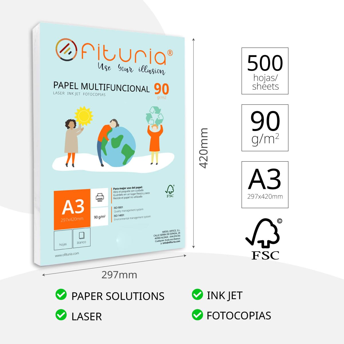 Ramette de papier A3 90g avec 500 feuilles blanches, papier multifonctionnel pour un usage scolaire et professionnel. Idéal pour imprimantes laser, à jet d’encre ou photocopieuses – Ofituria