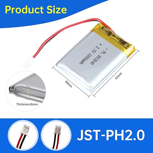 Miniatura 3 de 803040 3.7V Lipo Batería 1000mAh 803040 Batería recargable de polímero de litio con conector JST PH2.0.000 in para dispositivo electrónico