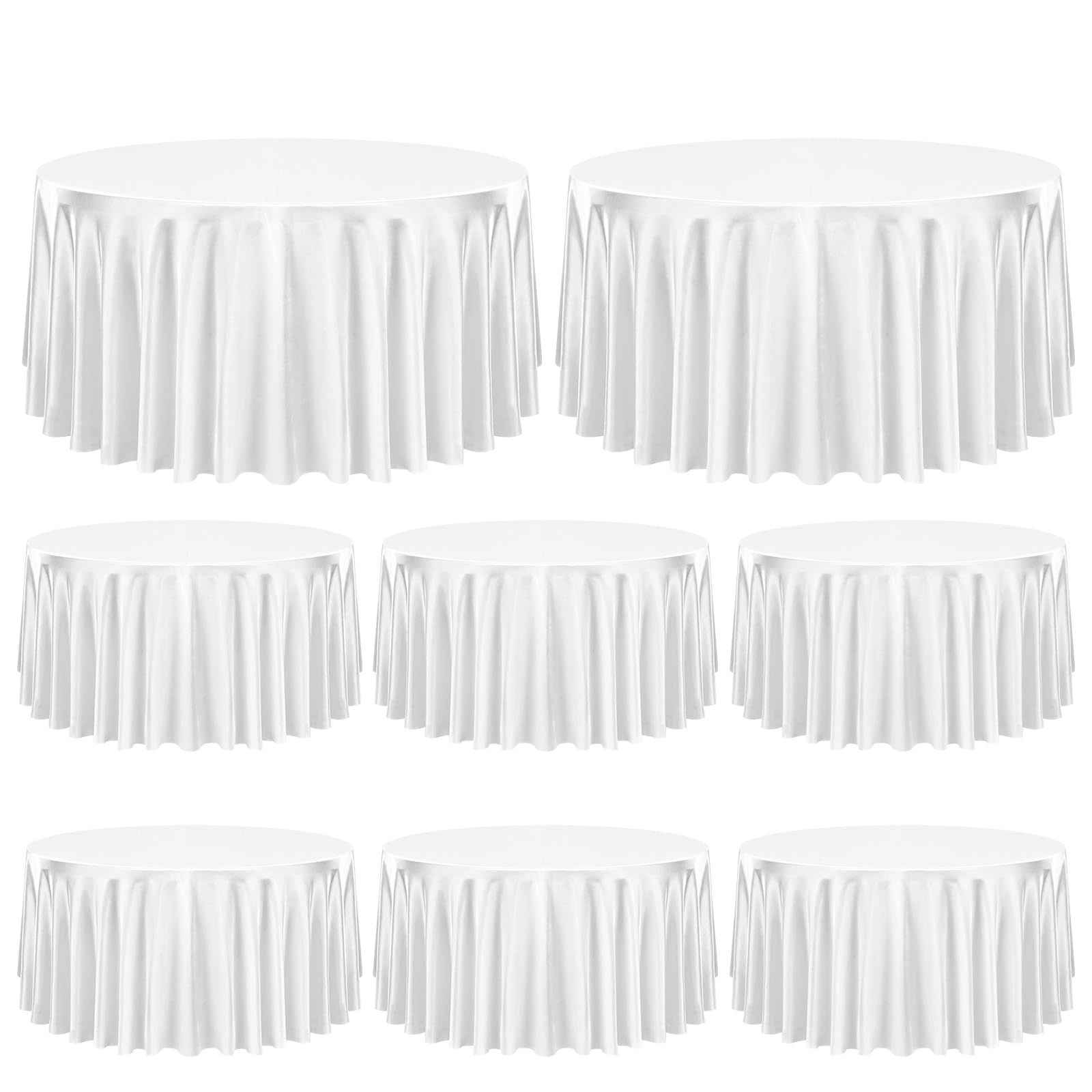FXKS 8 Pack 120 Inch Satin White Tablecloth Round,Bright Silky Tablecloth,Silk Smooth Washable Table Cloth,Overlay Silky Table Cover for Wedding Party
