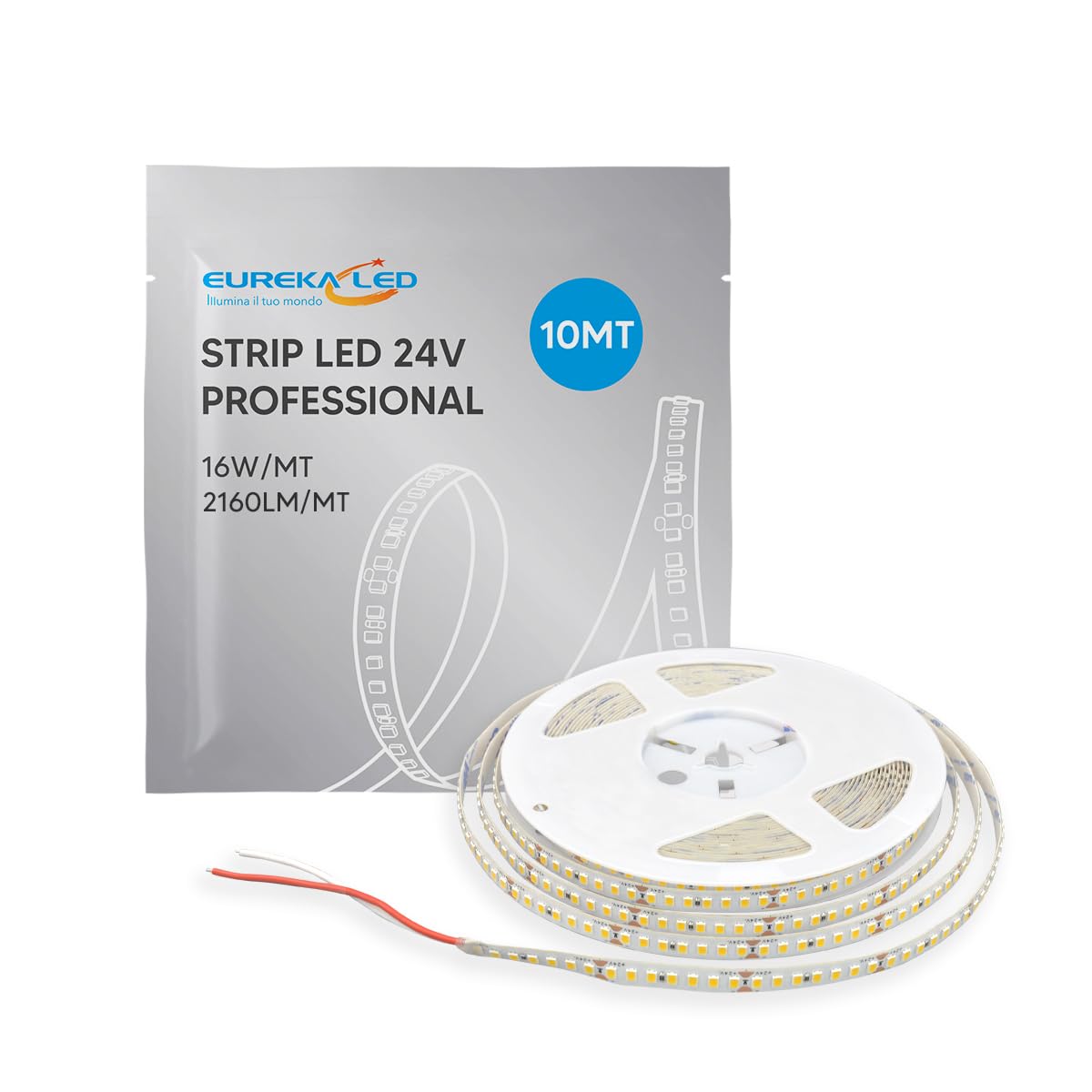 Eurekaled Striscia LED 10 Metri 24V 16W/Mt Luce Fredda 6500K, Strip LED Alta Luminosità 160W totale 2160 lm/mt, CRI 80, IP20 da Interno, Taglio 38.5mm - Garanzia 3 Anni