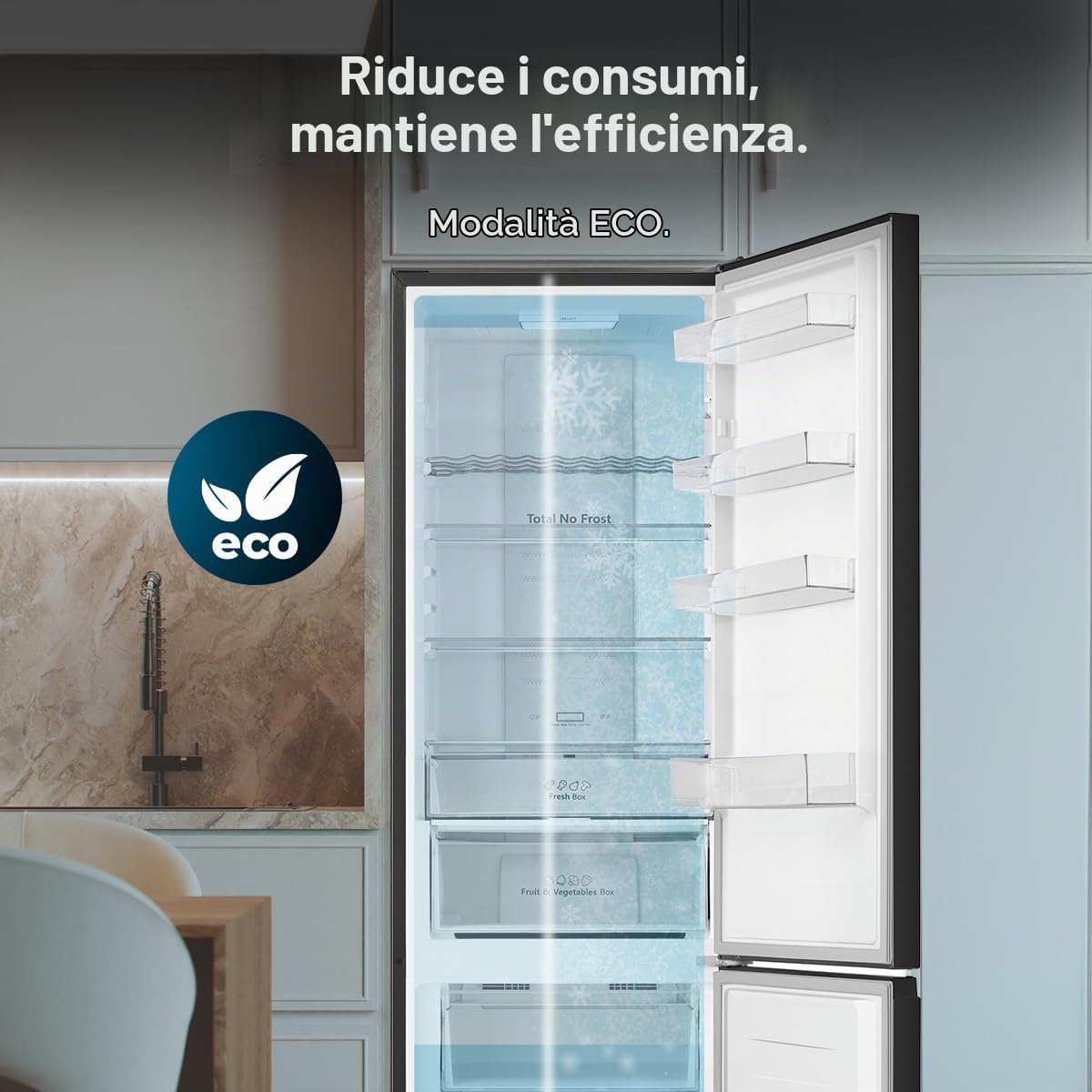 Cecotec Frigorifero Combinato No Frost 336L Bolero CoolMarket Combi 336 Inox A. Altezza 201cm, Apertura 90º, Fresh Flex, Humidity Flex, Comp. Inverter Plus, Basso Consumo, Multi AirFlow, Modo Smart