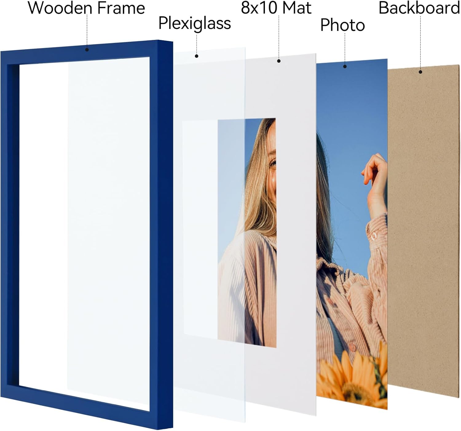 Vittanly 11x14 Picture Frames Set of 4, Display Pictures 8x10 with Mat or 11x14 without Mat, Gallery Wall Frame Set for Wall or Tabletop, Engineered Wood with Shatter Resistant Plexiglass, Royal Blue