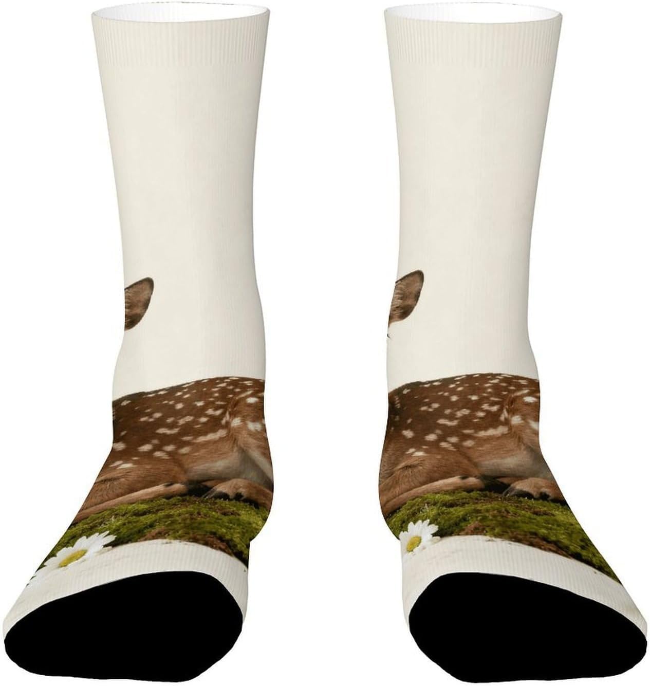 Deer on Mossy Ground Crew Socks Moisture Wicking Ankle High Cushioned Arch Support Seamless Toe Athletic & Casual
