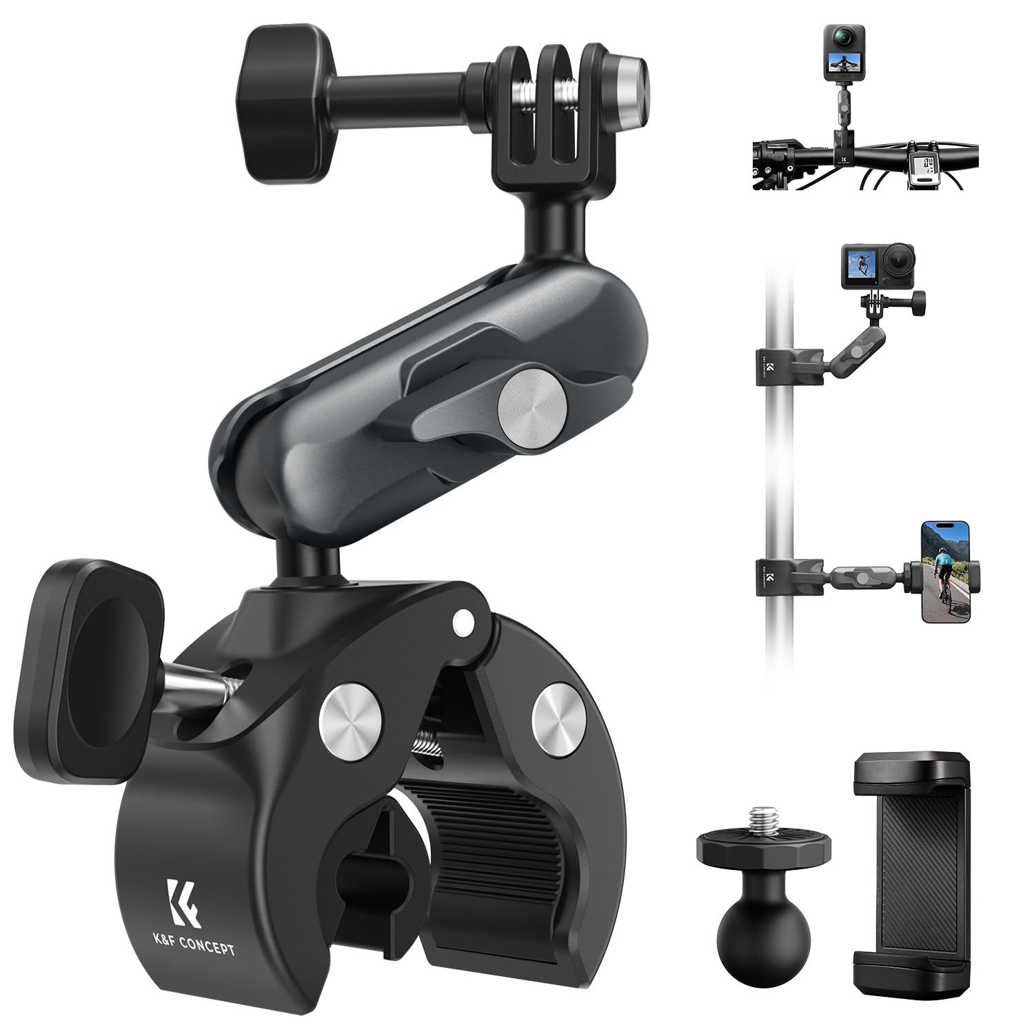 K&F CONCEPT Bike Handlebar Mount with 360° Dual Ball Head, Super Clamp Camera Mount with Action Camera Adapter, Motorcycle Mount Compatible with GoPro Hero 13 12 Insta360 X5 X4 Osmo Action 5 Pocket 3 - 3