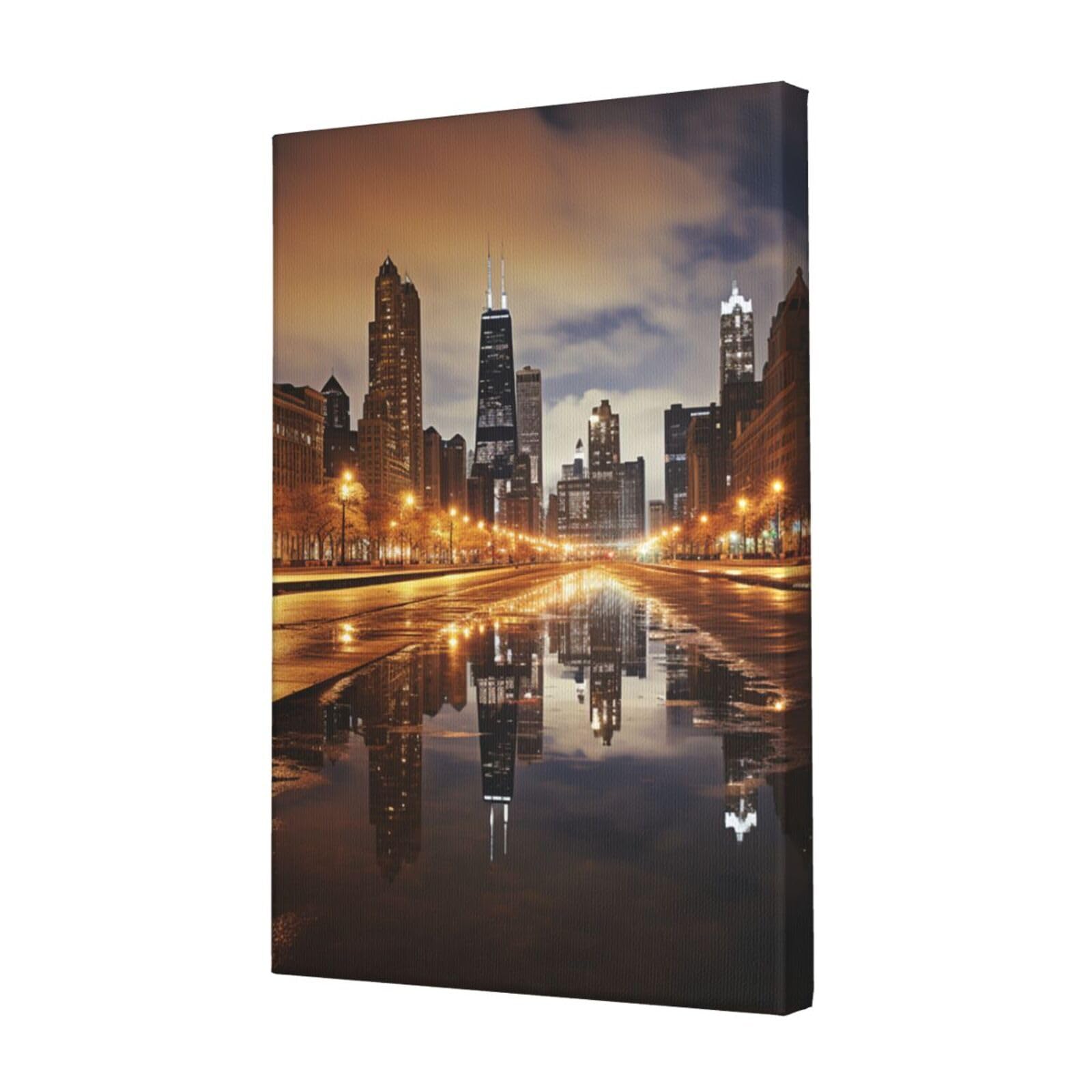 FodPand Chicago Canvas Wall Art for Living Room Wall Decor 12"x18" Modern Artwork Painting Pictures Hanging Canvas Prints Aesthetic Wall Art for Bedroom Bathroom Office Wallart Decor