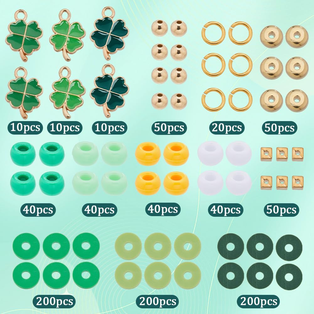 SUNNYCLUE 961Pcs St Patrick's Day Charms 8mm Pony Beads Round Opaque Polymer Clay Heishi Flat Disc Beads Enamel Four Leaf Clover Irish Shamrock Charm Golden Loose Spacers for Jewelry Making Kits - Image 2