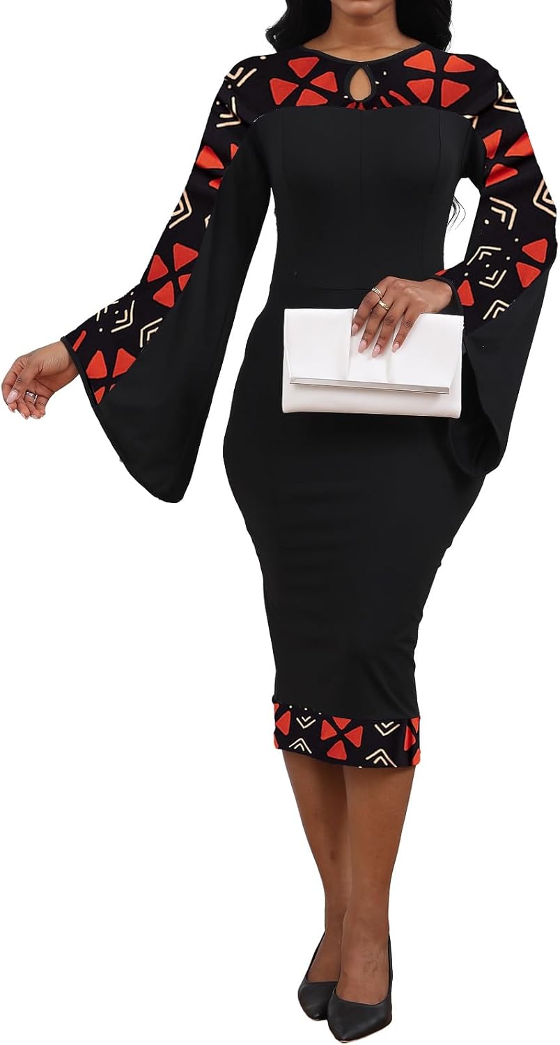 Oxgmoky Women's African Print Dress Work Business Bodycon Long Sleeve Round Neck Pencil Dresses - Image 4