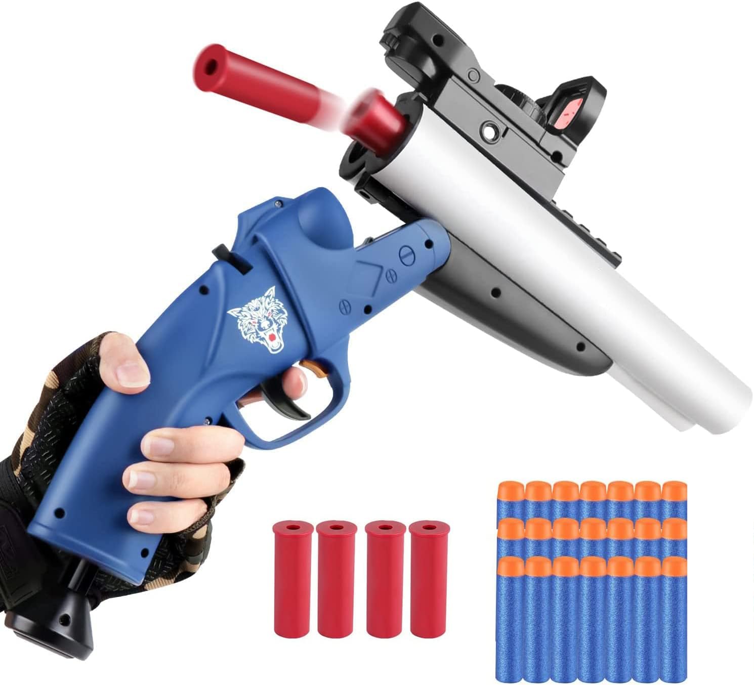 Moonmen Dress-Up Accessories Toy Foam Blaster Double Shoot Toy Shotgun with Shell Ejection for children's live CS battles Cosplay (Blue)