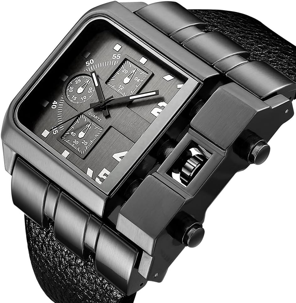 Reginald Hip hop 53MM Men's Large Face Watch for Men Square Novel Face Dial Stainless Steel Quartz Leather Strap Watches