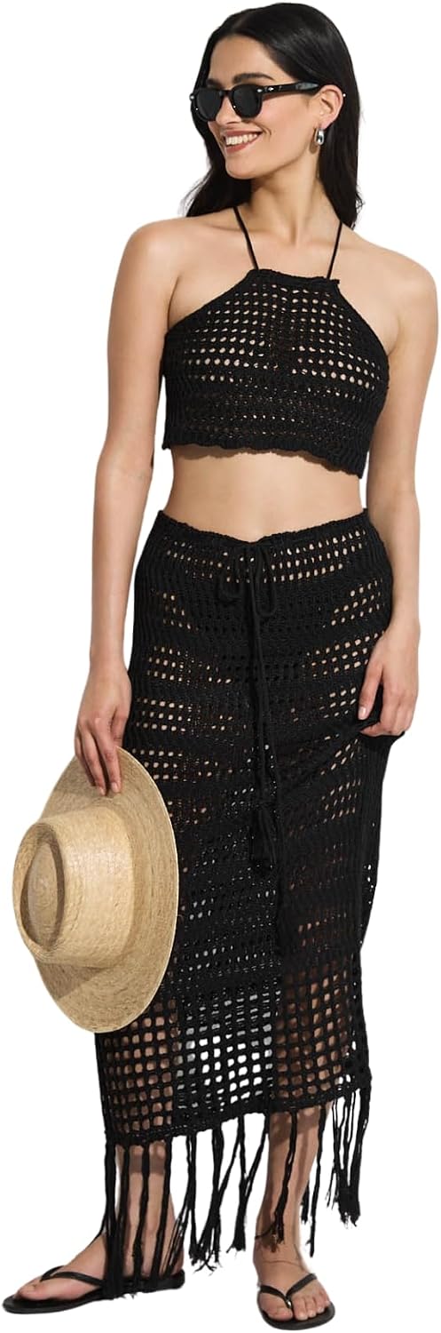 Gottex Women's Beach Life Crochet Fringe Set-One Size Fits Most, High-Neck Crop Top with Midi Skirt
