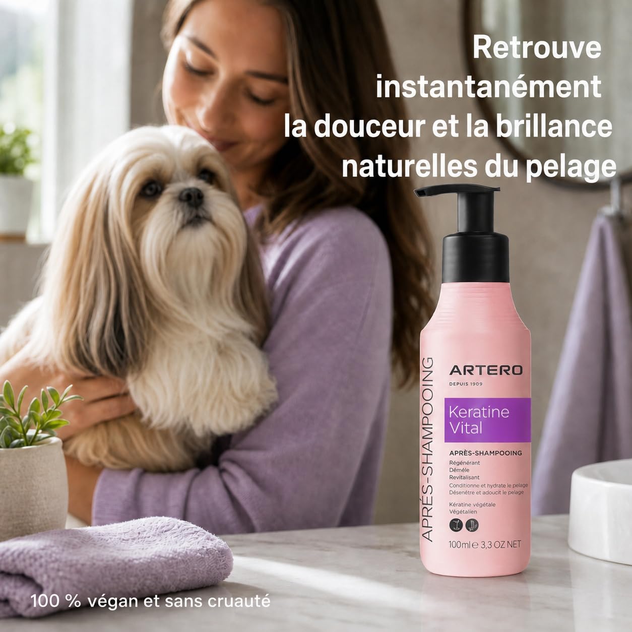 Artero Après-Shampoing Keratin Vital 90ml pour Chiens et Chats - Régénération Instantanée, Douceur et Brillance pour Un Pelage Fort et Protégé, Effet Anti-Frisottis