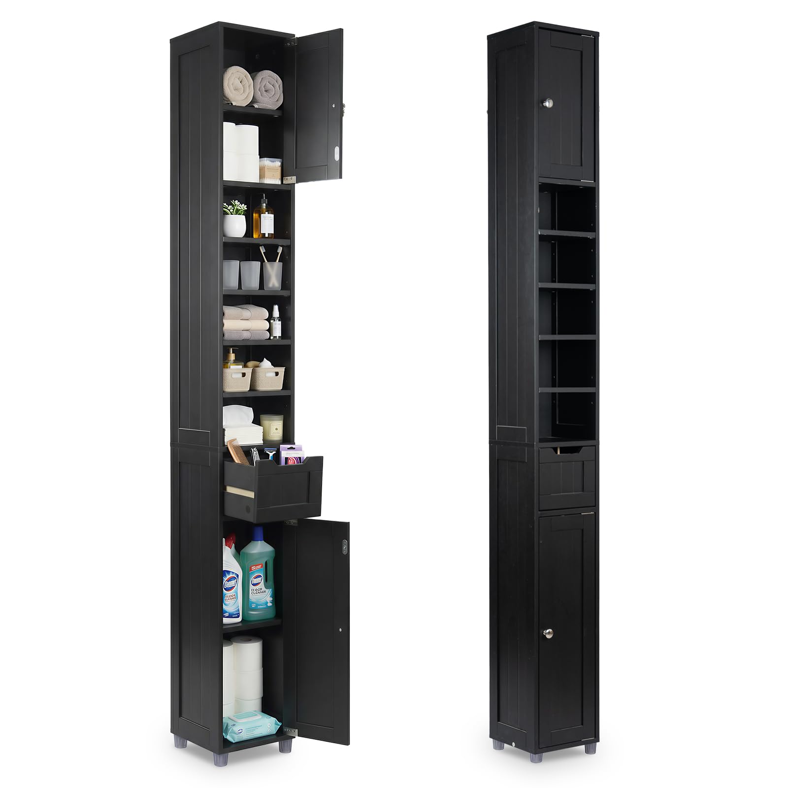 VOUNOT® Colonna Bagno, Armadio da Bagno Salvaspazio, Mobile Alto Bagni con 2 Ante e 1 Cassetto, 20x20x180cm, Nero
