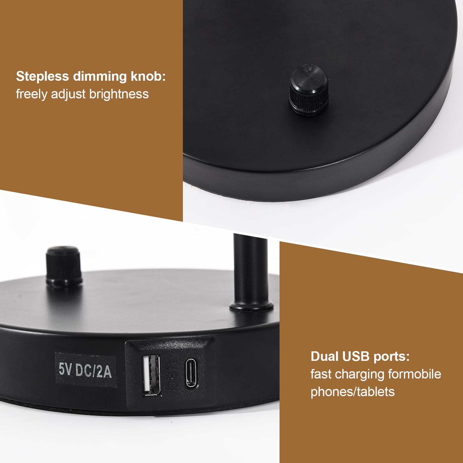 Lámparas de escritorio, lámparas de mesa para dormitorios con 2 puertos USB, lámparas de noche regulables continuas, lámpara de cuello de cisne ajustable para sala de estar, lámparas pequeñas para 5