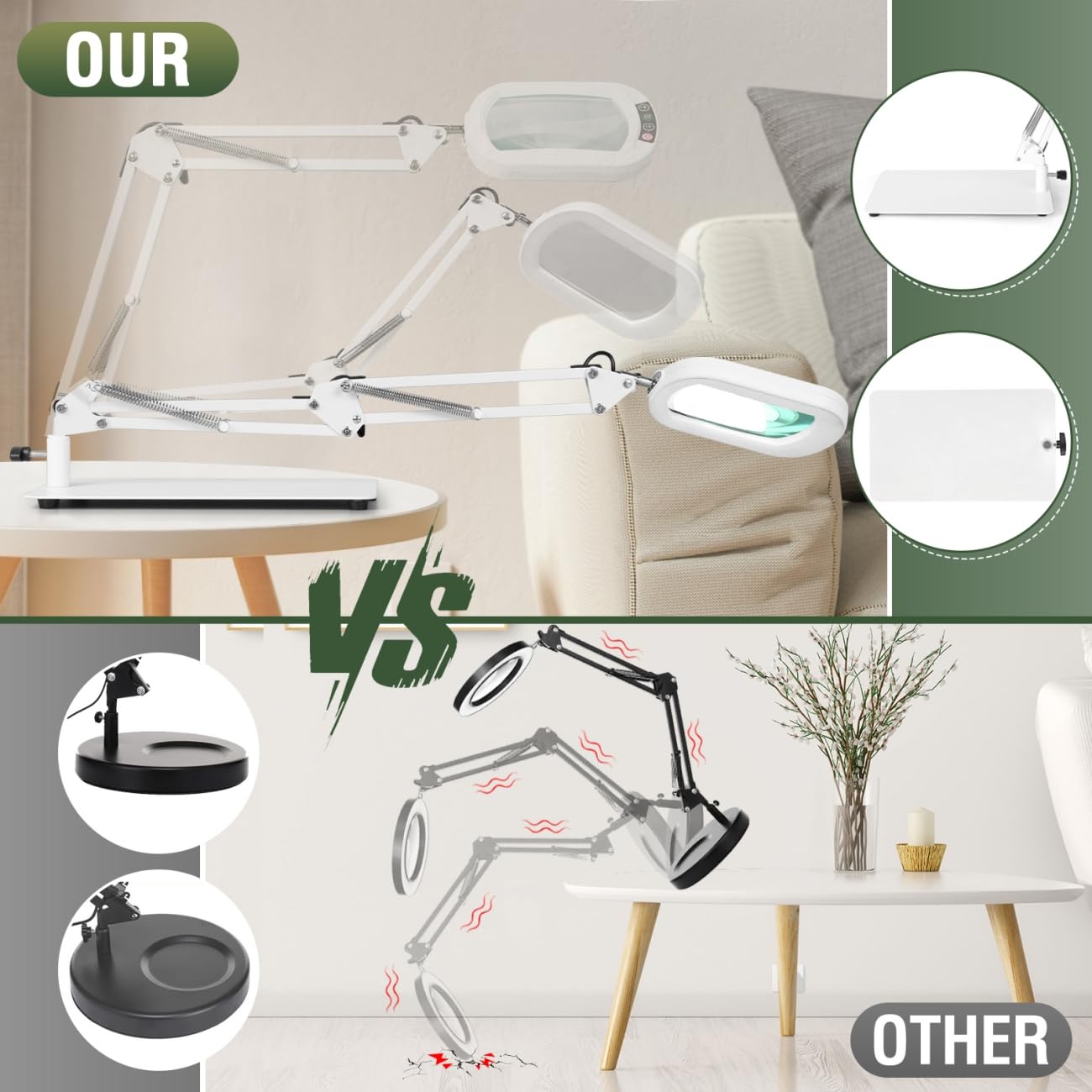 Veemagni Lupa rectangular 10X con luz y soporte, 5 modos de color regulable sin niveles, lámpara de escritorio 2 en 1 con iluminación LED y abrazadera, manos libres, lupa de lectura para leer