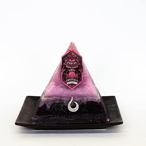 Soul-Terra Libra - Vela de pirámide de cristal misterioso del zodiaco, cristales, anillos, amuletos yo runas en el interior, 12 zodiacos, mecha de