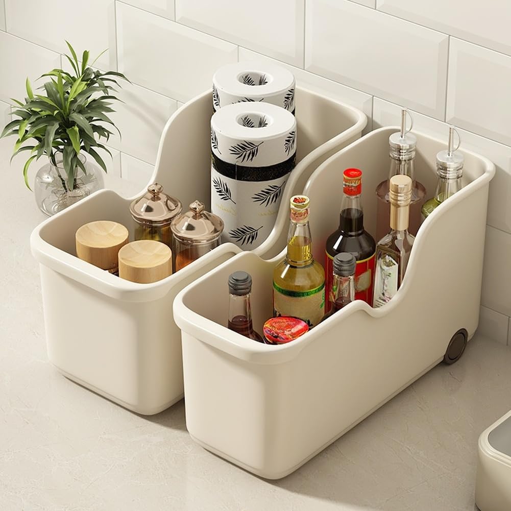 Aufbewahrungsbox für die Küche, mehrere Größen, Kunststoff-Schrank-Organizer mit Rollen, verschiebbarer Topfdeckelhalter, abgeschrägte Öffnung für einfachen Zugriff, moderne Küchenorganisation (extra